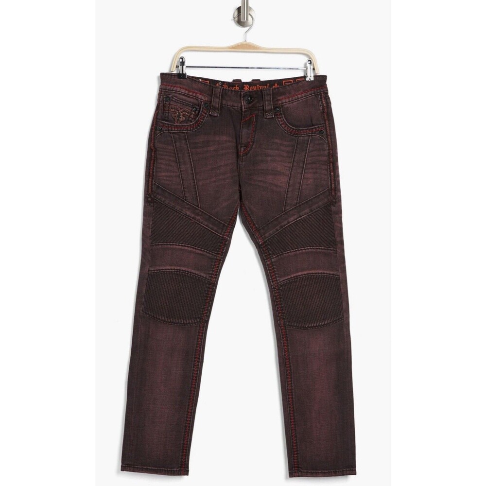 Rock Revival Skylark Biker Flex Jeans Burgundy Red Maroon Denim NWT Mens 32x32